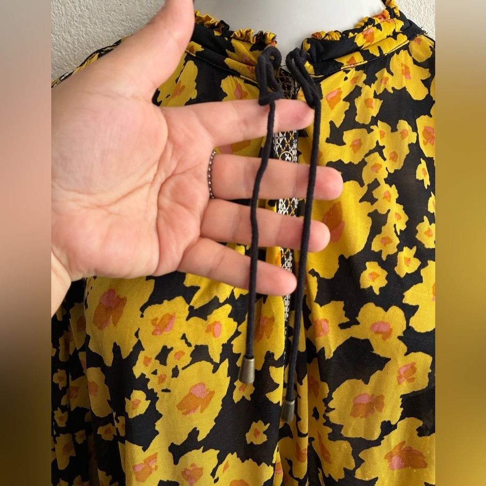 Free People Yellow and Black Tiered Sundress with Bishop Sleeves M - Picture 8 of 16